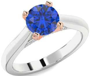 Diamond Blue Sapphire Silver & 10K Rose Gold Round Solitaire Engagement Ring