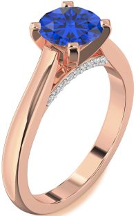 Diamond Blue Sapphire Rose Gold Round Solitaire Engagement Ring