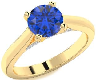 Diamond Blue Sapphire Gold Round Solitaire Engagement Ring