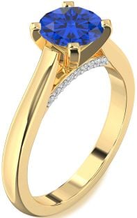 Diamond Blue Sapphire Gold Round Solitaire Engagement Ring