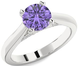 Diamond Alexandrite Silver Round Solitaire Engagement Ring