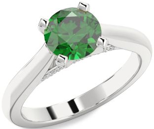 Diamond Emerald Platinum Round Solitaire Engagement Ring
