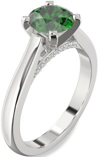 Diamond Emerald Platinum Round Solitaire Engagement Ring