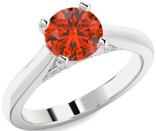 Diamond Fire Opal Silver Round Solitaire Engagement Ring