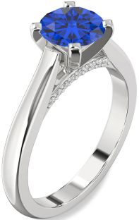 Diamond Blue Sapphire Silver Round Solitaire Engagement Ring