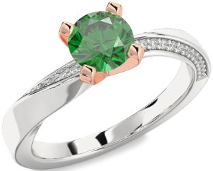 Diamond Emerald Platinum & Rose Gold Round Solitaire Engagement Ring