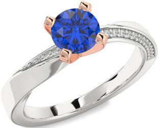 Diamond Blue Sapphire Silver & 10K Rose Gold Round Solitaire Engagement Ring