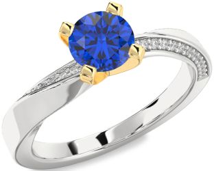 Diamond Blue Sapphire White Yellow Gold Round Solitaire Engagement Ring