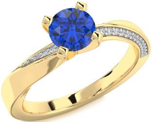Diamond Blue Sapphire Gold Round Solitaire Engagement Ring