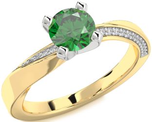 Diamond Emerald Platinum & Yellow Gold Round Solitaire Engagement Ring