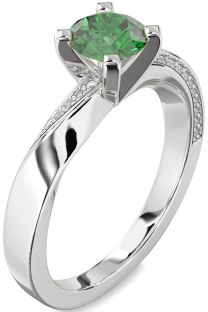Diamond Emerald Platinum Round Solitaire Engagement Ring