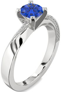 Diamond Blue Sapphire Silver Round Solitaire Engagement Ring