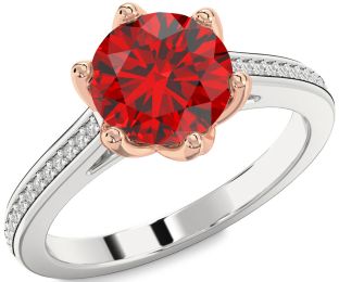 Diamond Ruby Silver & 10K Rose Gold Round Solitaire Pave Engagement Ring