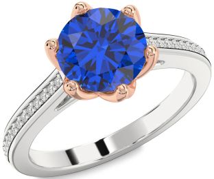 Diamond Blue Sapphire White Rose Gold Round Solitaire Pave Engagement Ring