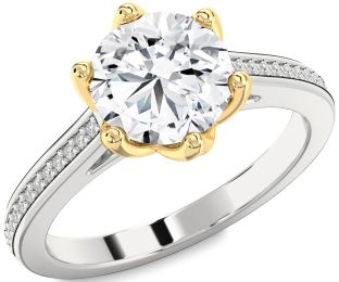 Diamond Silver & 10K gold Round Solitaire Pave Engagement Ring