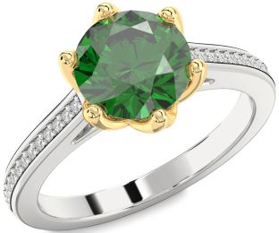 Diamond Emerald Silver & 10K gold Round Solitaire Pave Engagement Ring