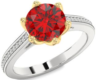 Diamond Ruby Silver & 10K gold Round Solitaire Pave Engagement Ring