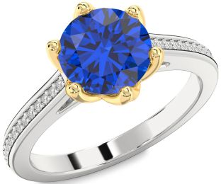 Diamond Blue Sapphire White Yellow Gold Round Solitaire Pave Engagement Ring