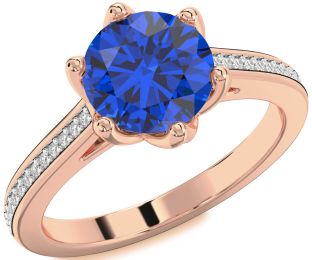 Diamond Blue Sapphire Rose Gold Round Solitaire Pave Engagement Ring