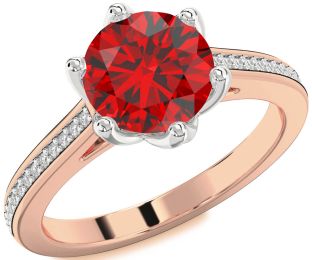 Diamond Ruby White Rose Gold Round Solitaire Pave Engagement Ring