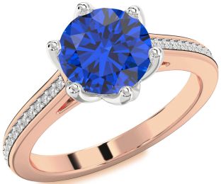 Diamond Blue Sapphire Platinum & Rose Gold Round Solitaire Pave Engagement Ring
