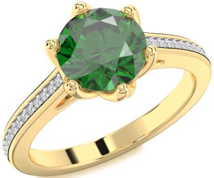 Diamond Emerald Gold Round Solitaire Pave Engagement Ring