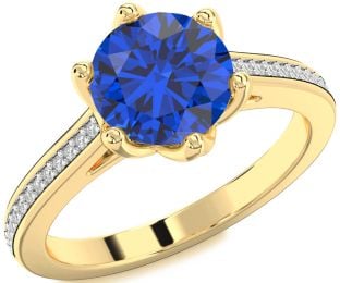 Diamond Blue Sapphire Gold Round Solitaire Pave Engagement Ring
