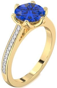 Diamond Blue Sapphire Gold Round Solitaire Pave Engagement Ring
