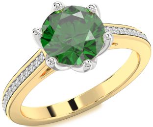 Diamond Emerald Platinum & Yellow Gold Round Solitaire Pave Engagement Ring