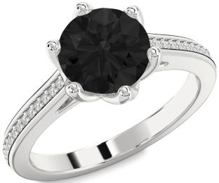 Black Diamond Silver Round Solitaire Pave Engagement Ring