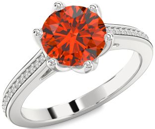 Diamond Fire Opal Silver Round Solitaire Pave Engagement Ring