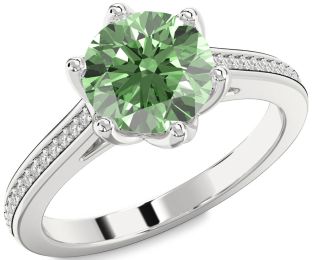 Green Diamond Silver Round Solitaire Pave Engagement Ring