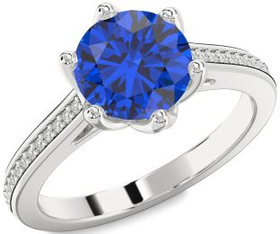 Diamond Blue Sapphire White Gold Round Solitaire Pave Engagement Ring