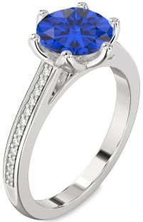 Diamond Blue Sapphire Silver Round Solitaire Pave Engagement Ring