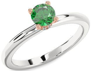 Diamond Emerald Silver & 10K Rose Gold Halo Round Solitaire Engagement Ring