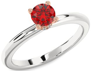 Diamond Ruby Silver & 10K Rose Gold Halo Round Solitaire Engagement Ring
