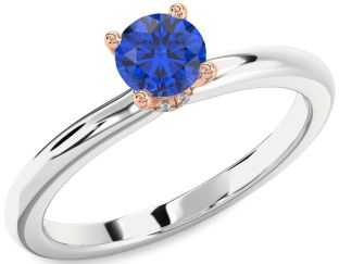Diamond Blue Sapphire Rose Gold Silver Halo Round Solitaire Engagement Ring