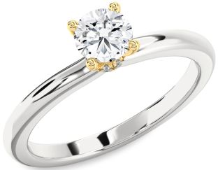 Diamond Silver & 10K gold Halo Round Solitaire Engagement Ring