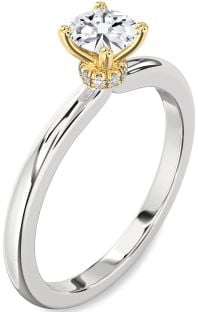 Diamond Silver & 10K gold Halo Round Solitaire Engagement Ring