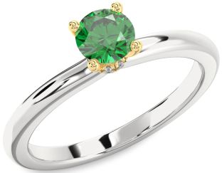 Diamond Emerald Silver & 10K gold Halo Round Solitaire Engagement Ring