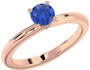 Diamond Blue Sapphire Rose Gold Silver Halo Round Solitaire Engagement Ring