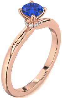 Diamond Blue Sapphire Rose Gold Halo Round Solitaire Engagement Ring