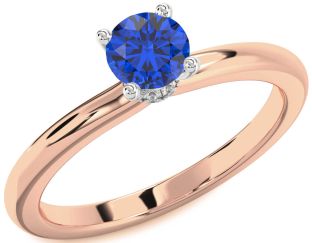 Diamond Blue Sapphire Rose Gold Silver Halo Round Solitaire Engagement Ring