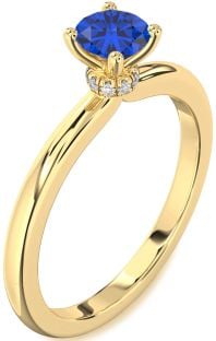 Diamond Blue Sapphire Gold Halo Round Solitaire Engagement Ring