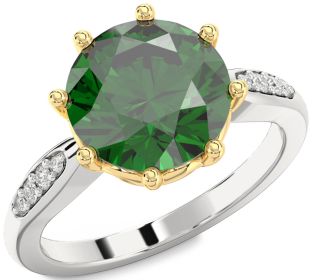 Diamond Emerald Platinum & Yellow Gold Round Solitaire Engagement Ring