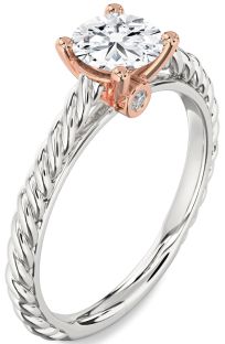 Diamond Silver & 10K Rose Gold Knot Round Solitaire Engagement Ring