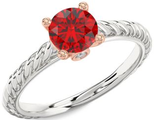 Diamond Ruby Silver & 10K Rose Gold Round Vintage Engagement Ring