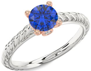 Diamond Blue Sapphire White Rose Gold Knot Round Solitaire Engagement Ring