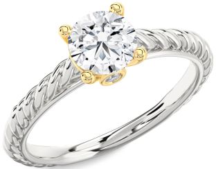 Diamond Silver & 10K gold Round Vintage Engagement Ring