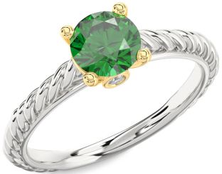 Diamond Emerald Silver & 10K gold Round Vintage Engagement Ring